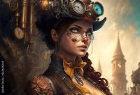 A portrait of an attractive steampunk style woman in the town. Created with Generative AI, no ... A portrait of an attractive steampunk style woman in the town. Created with Generative AI, no ...